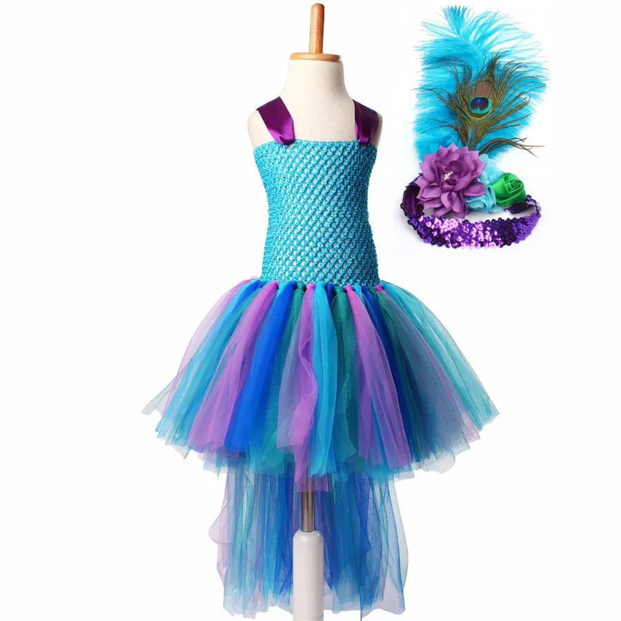 Гламурный карнавальный костюм павлина для девочек детское платье-пачка с павлином и перьями повязка на голову с блестками детское карнавальное платье на день рождения