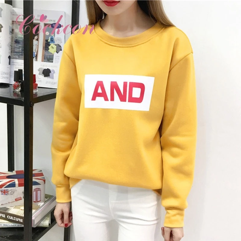 В Корейском стиле худи Харадзюку Для женщин Мода с принтом букв уличная Повседневное пуловеры с круглым вырезом базовые свитшоты черный PU