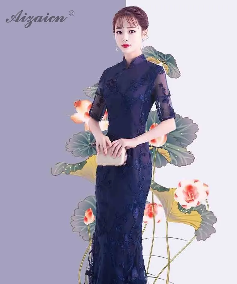 Темно-синие кружевные Длинные Cheongsam Chinoise вечерние платья Современное женское китайское платье Qipao винтажное платье в восточном стиле