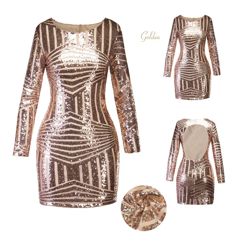 

New Free Shipping 2019 Sexy Suit-dress Long Sleeve Paillette Sequined Cocktail Dresses Mini Hollow Out Back For Cocktail Party