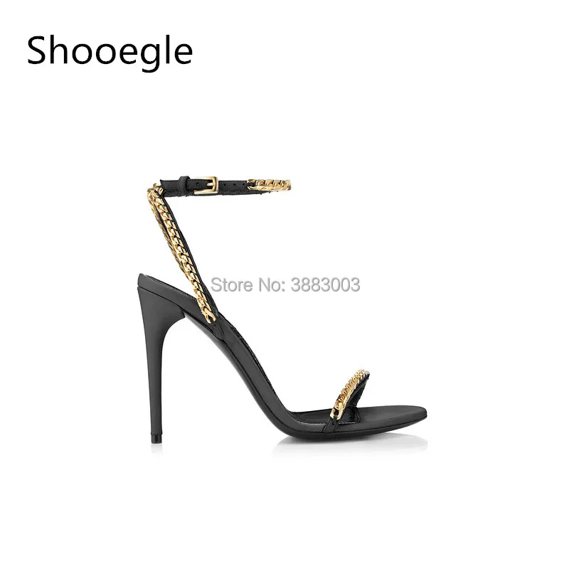 

Sexy Gladiator Sandals Gold Chain High Heels Stiletto Ankle Buckle Strap Spike Metal Heels Open Toe Celebrity Women Pumps