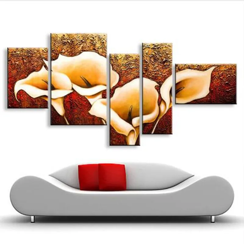 

Handpainted Modern Flowers Oil Painting on Canvas Abstract Gold Lily Floral Paintings Large 5 Panel Wall Art Pictures Home Decor