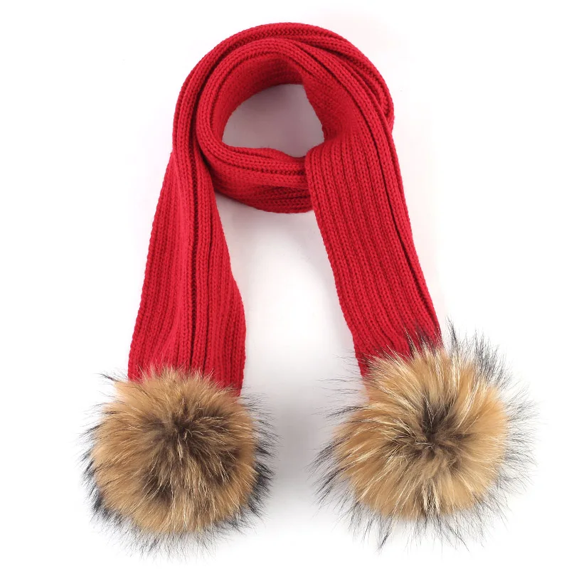 Geebro Kids Knitted Scarf With Double Raccoon Fur Pompom Boys and Girls Cashmere Plain Shawl Wrap Winter Warm Accessories DQ867 - Цвет: Red A