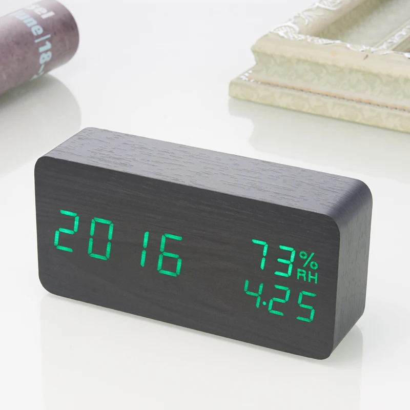 

Wooden Digital LED Alarm Clock Sound Control Desktop Wood Clocks with Temperature Electronic Display Home Decor