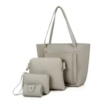 

Women Fashion PU Leather Handbag Shoulder Bag Purse Card Holder 4pcs Set Tote Bags (Grey)