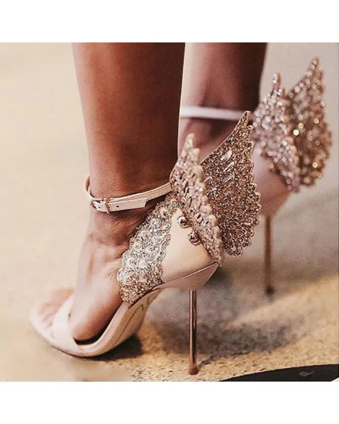 

Crystal winged female wedding evening party high heeled sandals shoes fashion summer women gladiator wing heels shoes zapatos