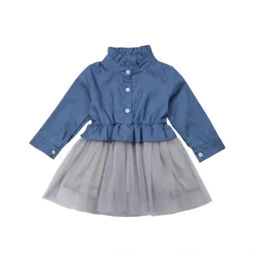 Baby Clothing Tutu Party Mini Dress Cute Toddler Clothes Patchwork Denim Shirt Dress Kids Baby Girl Long Sleeve Denim Tulle 1-6T