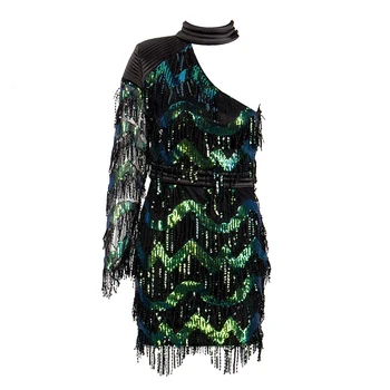 

New Fahsion Hot Style Dark Green One Shoulder Sparkly Chic One Shoulder Short Women Date Evening Party Dress Vestidos Wholesale