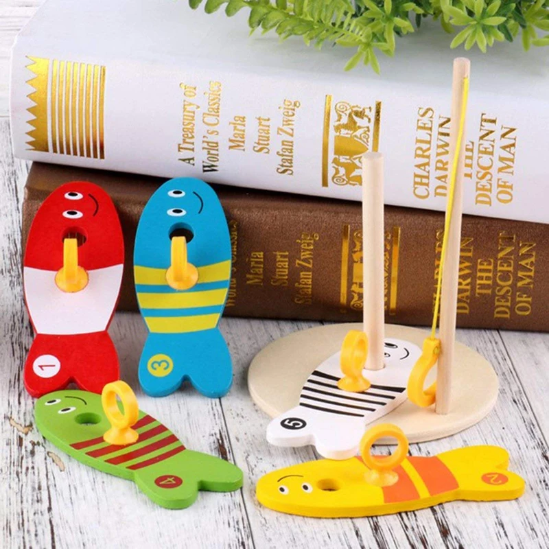 8Pcs/Set Colorful Wooden Fishing Digital Toys Baby Kids Fish Set Column Blocks Game Children Cute Early Educational Cartoon Toy