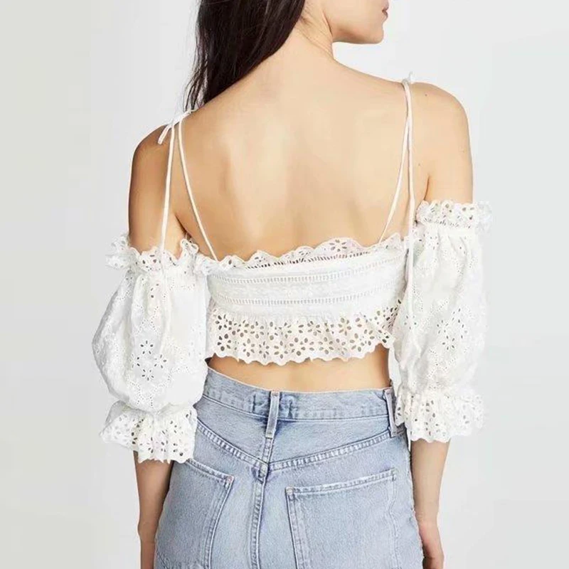 Sexy Off Shoulder White Lace Women Crop Blouses Summer Beach Club Party Short Backless Tops Shirts Ladies Girls Black Blouse Blouses
