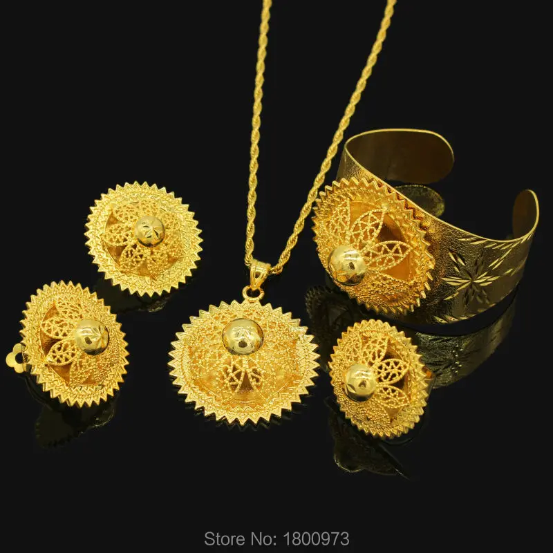 

New Ethiopian set Jewelry 24k Gold Color Pendant/Necklace/Earrings/Ring/Bangle Bride Wedding Nigeria/African/Eritrea Items