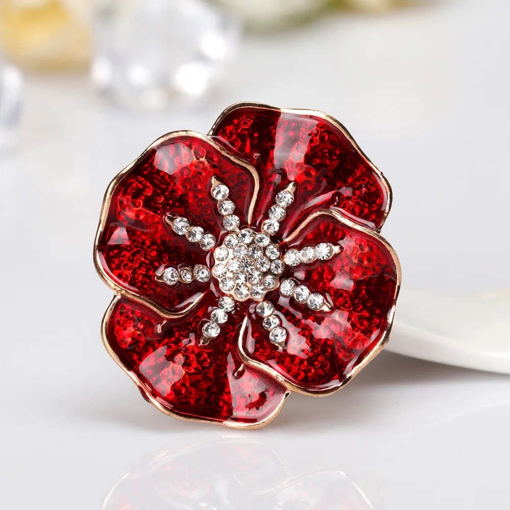 

Enameled Red Poppy Brooch Pin Rhinestone Flower Pin Garment Accessories
