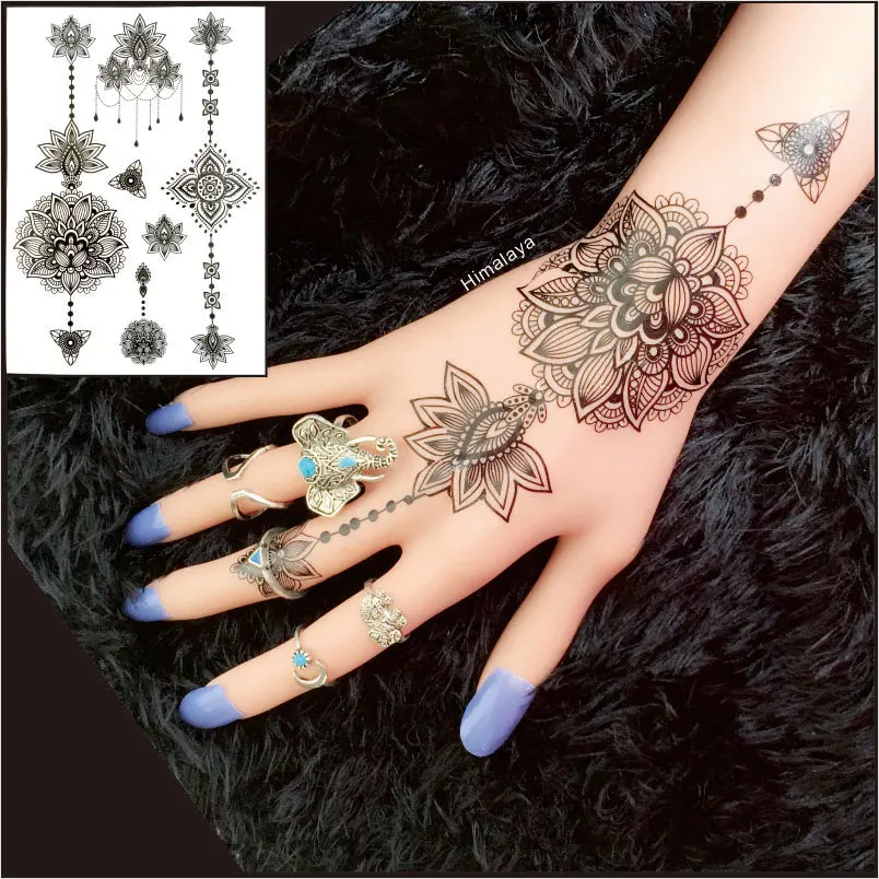 bh10 1 Piece Lotus Flower Black Henna Tattoos Temporary Inspired Body