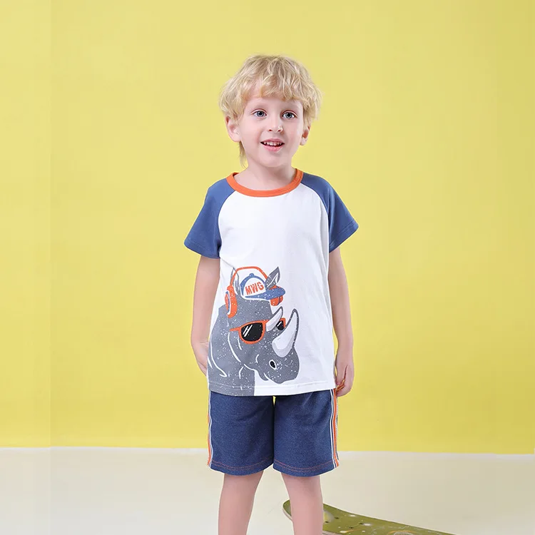 

2019 Summer Boys Clothes Sets Cotton Rhinoceros Cartoon Printing Blue Jean Shorts 2 Piece Set Casual Little Boys Clothing Sets