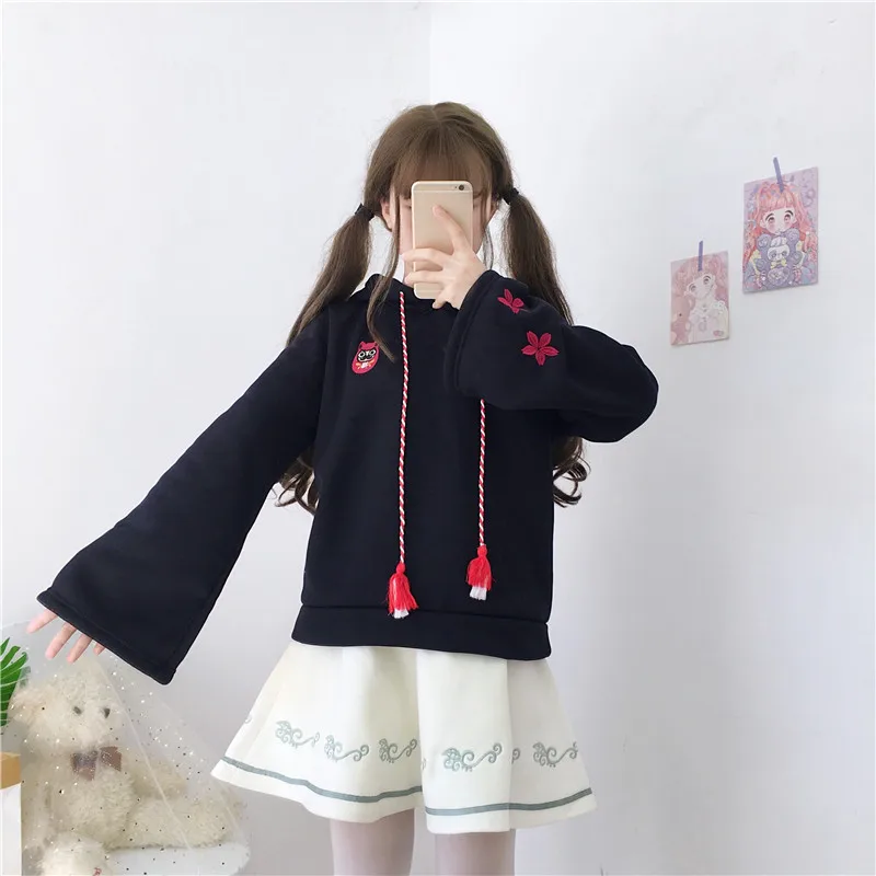  Japanese New Kawaii Embroidery Anime Women Hoodies Mori Girl Tassel Lazy Plus Velvet Long Sleeves C