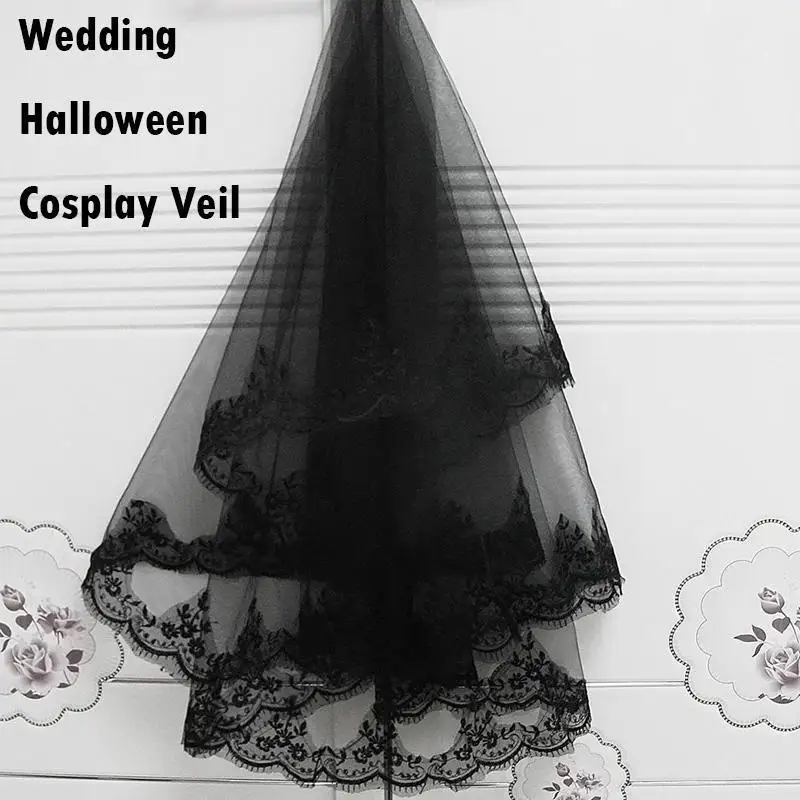 1PC Halloween Hair Witch Comb Black Veil Bride Lace Veil Veil Wedding Vintage Elbow Bridal Lace