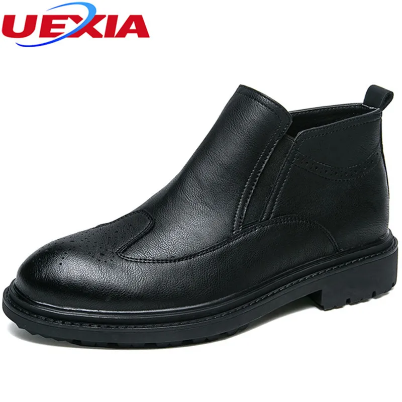 

UEXIA Men Boots Ankle Shoes Leathe Cowhide Elastic band Retro Design Tooling Boots Casual Botas Party Formal Business Dress High