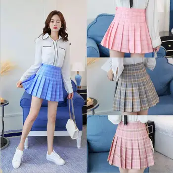 

2018 spring and summer new college high waist plaid slim a-line skirt