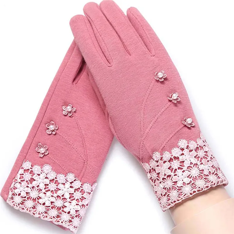 Fashion Elegant Womens Gloves Winter Ladies Lace Warm Flower Decoration