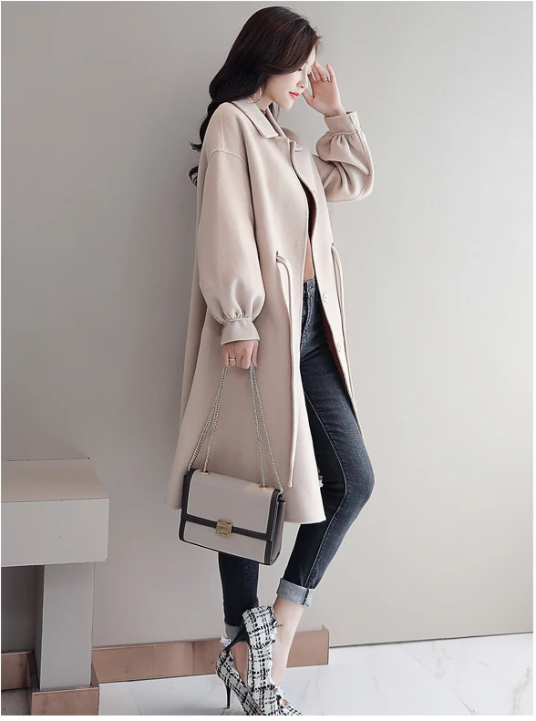 2019 spring new women woolen coat female long section slim versatile tie with solid color woolen coat A87 Parkas