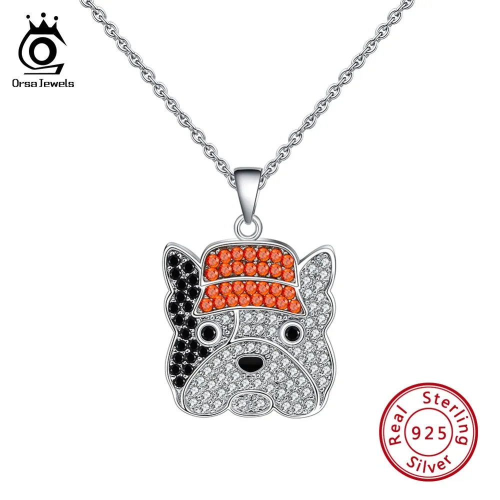 

ORSA JEWELS Genuine 925 Sterling Silver Necklace Pendant Women Cartoon French Bulldog Fashion Birthday Necklaces Jewelry SN113