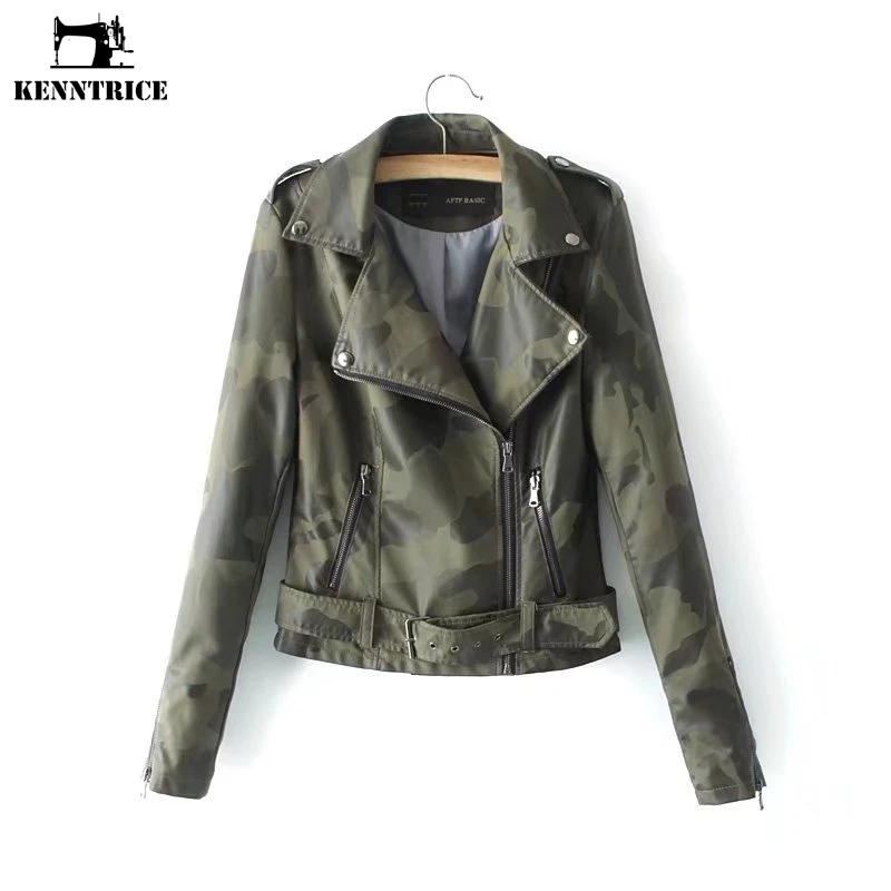 Kenntrice Camo основные 2018 Весна Moto военные камуфляж кожанные куртки женские