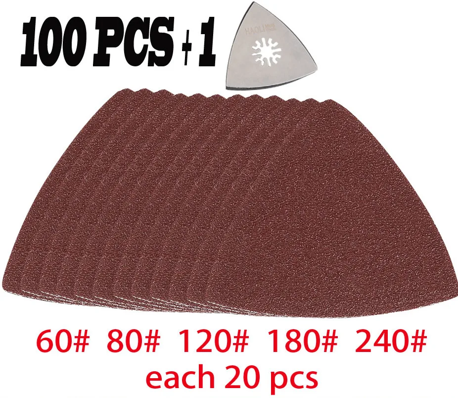 Goedkoop Driehoekige schuren pad + 100 stks schuren papier Schuren sheet voor multimaster Oscillerende Gereedschap accessoires als Fein, Dremel etc