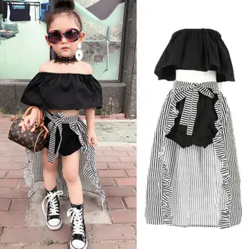 

3Pcs Fashion NEW Kid Baby Girl Off Shoulder Crop Top Shirt Striped Pant Dress Outfit Clothes