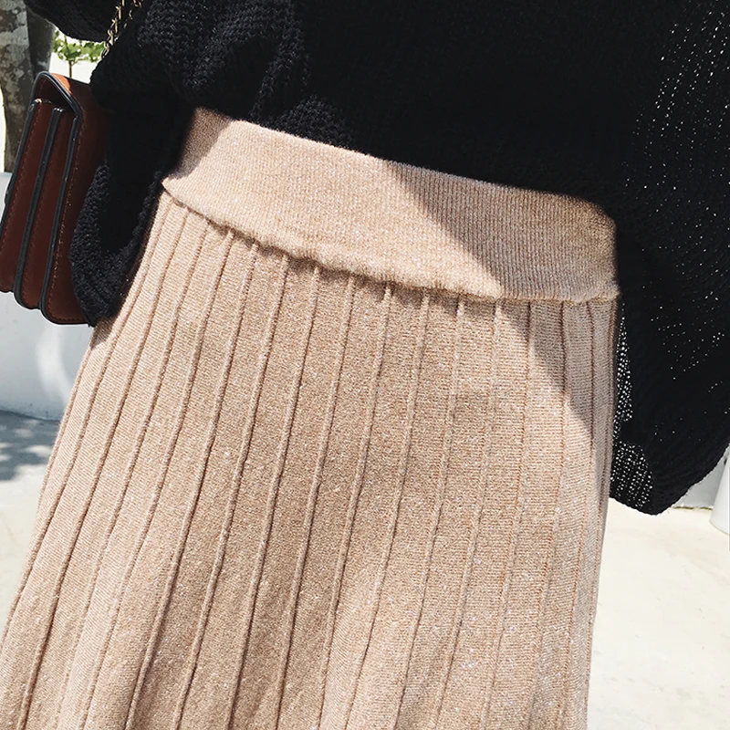 Высокая Талия вязаная юбка плиссе Для женщин эластичные свободные Striped Midi Skirt Уличная Повседневная Женская обувь юбки осень 2018