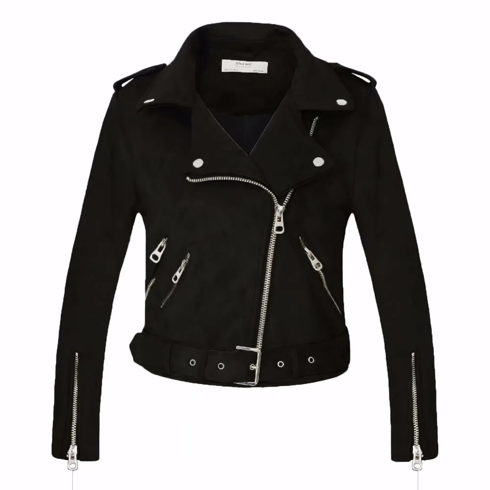 Ceny Nowe mody kobiety suede motocykl kurtka Slim brązowy pełna pokryte miękkie faux skóry kobiet płaszcz veste femme cuir epolet na zamek błyskawiczny