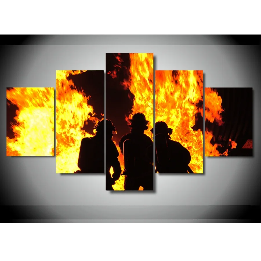 5 Panels modern canvas Wall Art Picture firefighters Fire fighting
