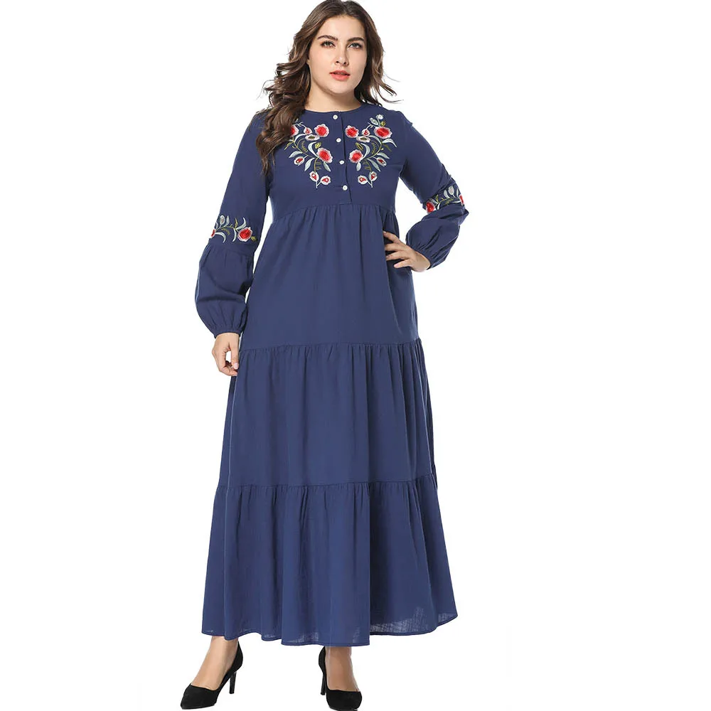 

Women Plus Size Embroidery Cotton and linen Maxi Dress Long Sleeve Button Up Patchwork Kaftan islamic Muslim Dress blue 4XL