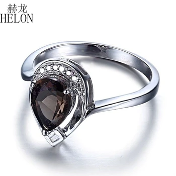 

HELON Sterling Silver 925 Flawless Pear Cut 1.12CT Smokey Quartz Real Diamond Ring Engagement Wedding Fine Jewelry Gemstone Ring