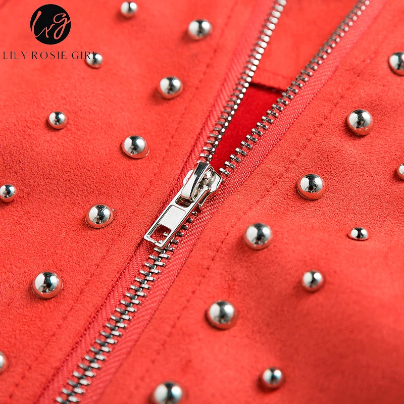Lily Rosie Girl Red Suede Leather Rivet Pencil Skirt Women High Waist Sexy Club Zipper Autumn Winter Mini Short Bodycon Skirts