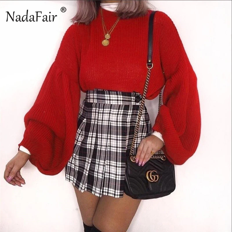 Nadafair корейский вязаный свитер Джемперы для женщин длинный фонарь рукав Свободный Повседневный зимний свитер Пуловеры Pull Femme Hiver