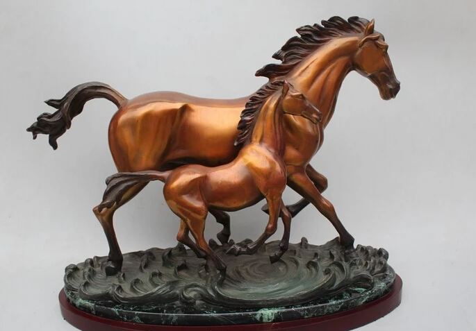 

free 14"Chinese Art sculpture Scarce Royal Bronze Lucky Two Mother & Son Horse Statue fast