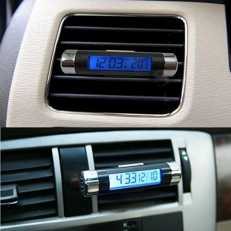 Автомобильный термометр для салона воздуха, электронные часы, универсальный пластиковый волоконный светодиодный цифровой дисплей 2 в 1, Синяя подсветка 8 см* 1,5 см