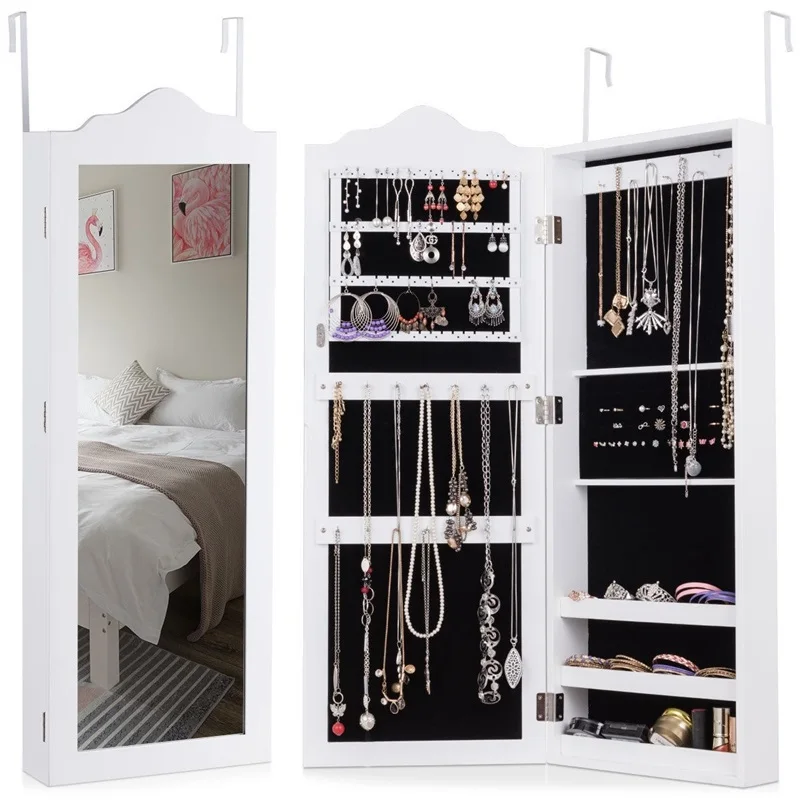 White Wooden Wall Mounted Mirrored Jewelry Cabinet Armoire Storage Box Make up Cosmetic Organizer Organizer HW60136