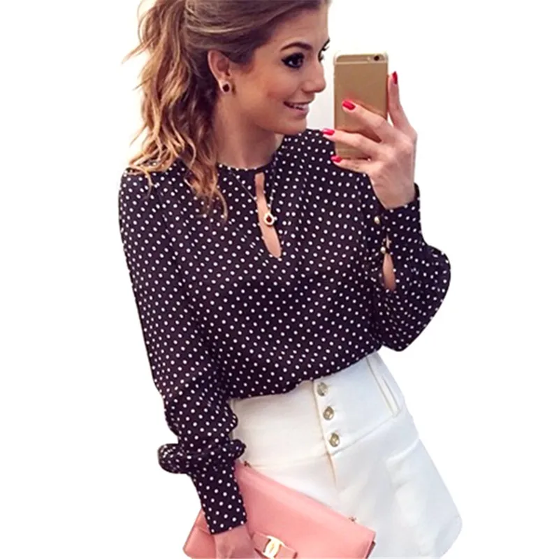

Casual Women Round Neck Long Sleeve Blouses Summer Chiffon Polka Dots Shirt Tops New