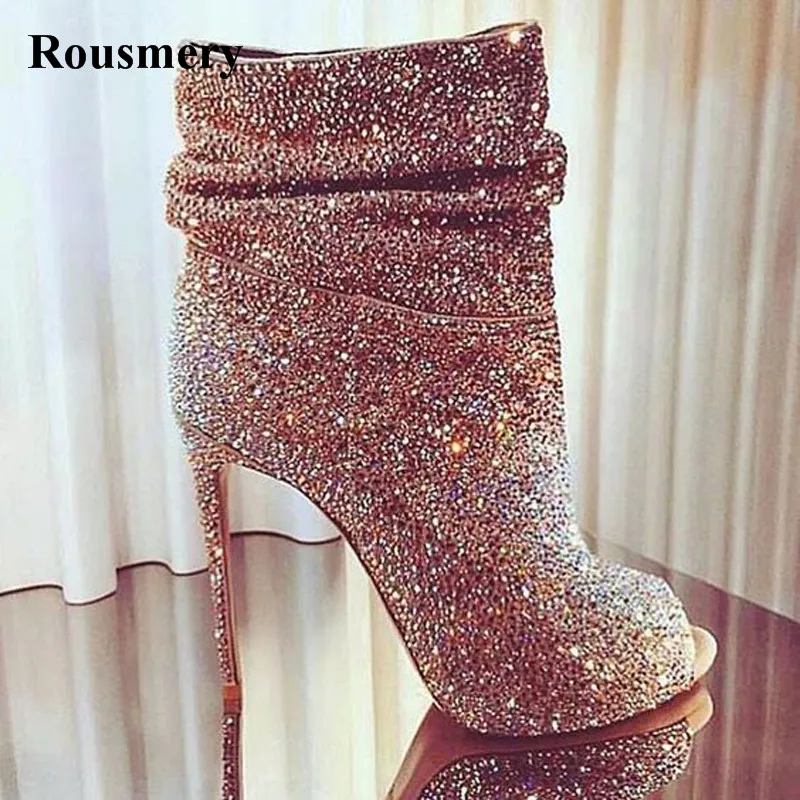 Hot Selling Women Fashion Open Toe Bling Bling High Heel Rhinestone Ankle Boots Super High Crystal Short Boots Dress Shoes