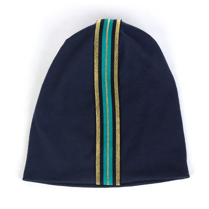 Gold Navy Новые хлопковые эластичные золотистые серебристая лента бини шапки для женщин Мягкий однотонный на брительках трикотаж шапка и шапки аксессуары - Цвет: Gold Navy