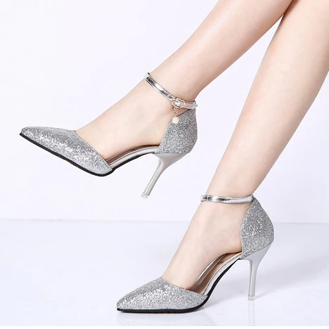 Woman Wedding Shoes Silver High Heels Dress Shoes Sequined Cloth Ankle ...