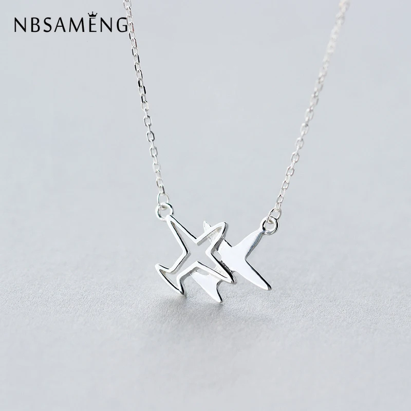

NBSAMENG Real 925 Sterling Silver Collar Double Hollow Plane Aircraft Pendant Necklace Airplane For Women Gift DIY Fine Jewelry