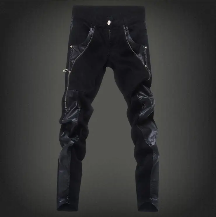 Новые осенние байкерские обтягивающие мужские готические панковские модные брюки из искусственной кожи с пряжками в стиле хип-хоп, на молнии, черные кожаные мужские брюки - Цвет: Color 109