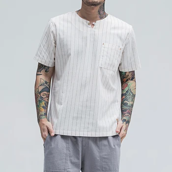 

Quality vintage linen t shirts men striped short sleeved tshirt homme 2019 summer breathable tops tees with pocket plus size