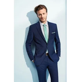

Classic Blue Grooms Tuxedos Slim Fit Men Suits For Wedding Notched Lapel Two Piece Groomsmen Suit (Jacket+Pants)