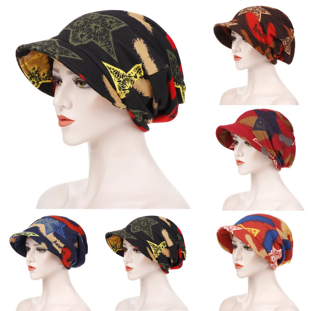 

2019 Fashion Women Floral Print Cotton Keep Warm Winter Wide-Brimmed Cap Turban Visor Hat Turbante mujer