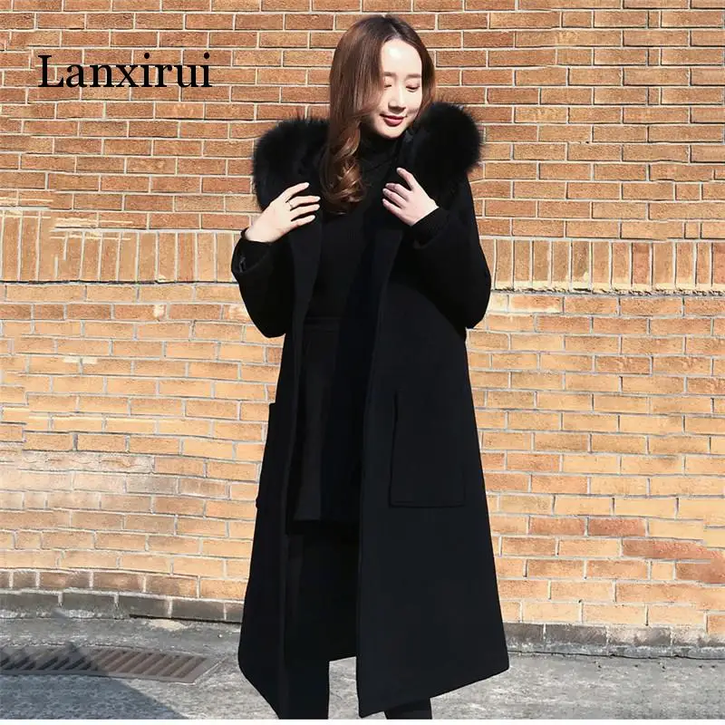 Cabolsa de lã Moda com Gola de Pele com Capuz Preto Inverno Feminino Jaqueta Nova Outerwear Mid Long Fino Combina Cabolsas