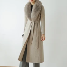 Осень Зима Мода rf0191 натуральная шерсть плащ для женщин с натуральным лисьим мехом воротник съемный шерстяное пальто