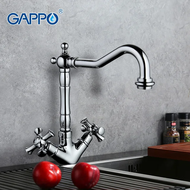 Cheap Gappo new silver Swivel Antique Brass tall Kitchen Faucets 2 Dual Handle Mixer Tap Kitchen Taps Torneira cold hot mixer g4042